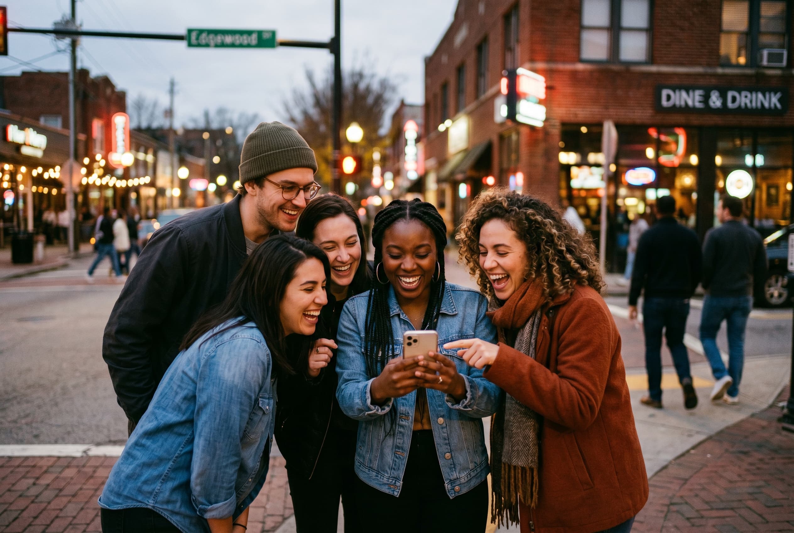 Friends gathered in Atlanta looking at a phone together