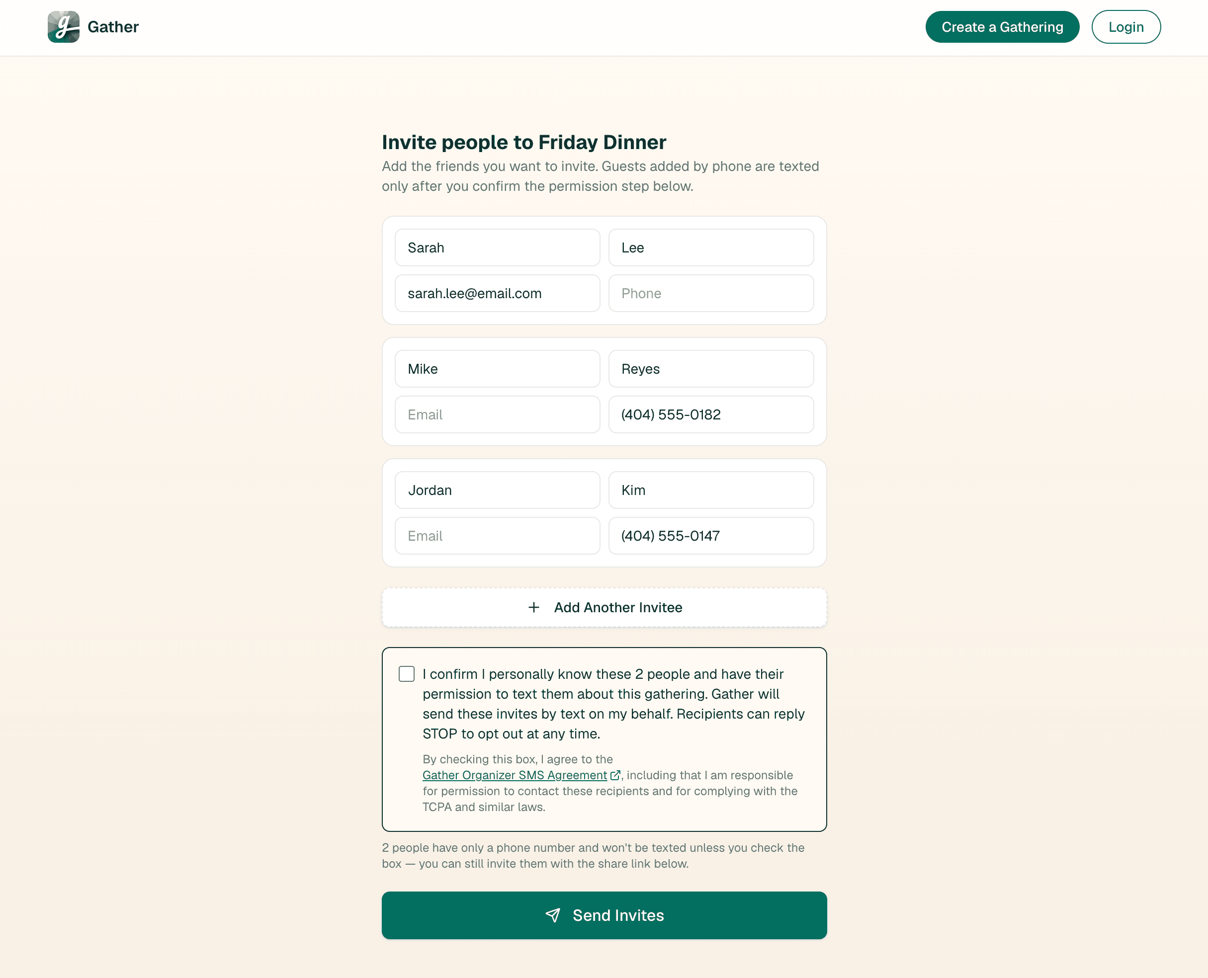 A Gather invite screen showing the organizer permission step — an unchecked box confirming the organizer knows the recipients and has permission to text them — above the Send Invites button.