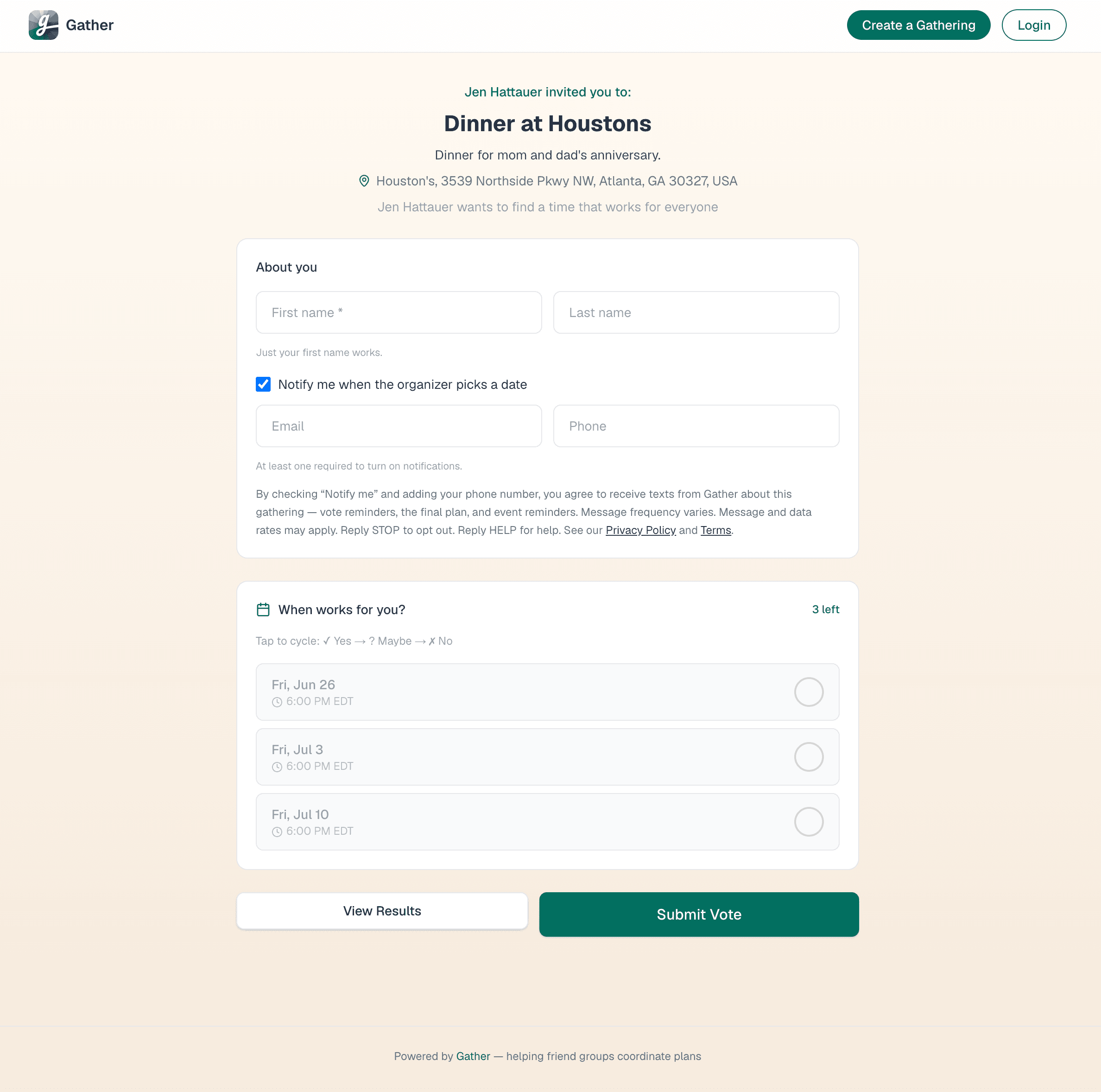 A Gather gathering page with an unchecked “Notify me when the organizer picks a date” box and the full SMS consent disclosure.